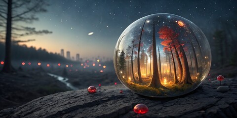 Enchanting glass easter egg reflecting a magical forest scene under a starry night sky