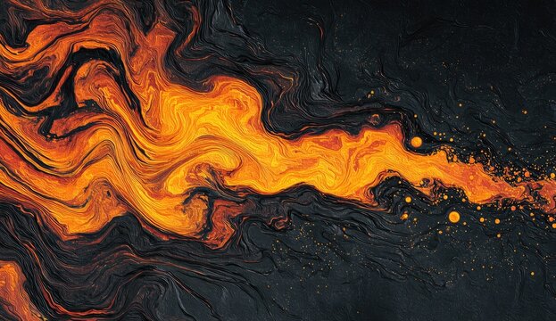 Abstract fiery river flowing through dark, textured space, with glowing orange details