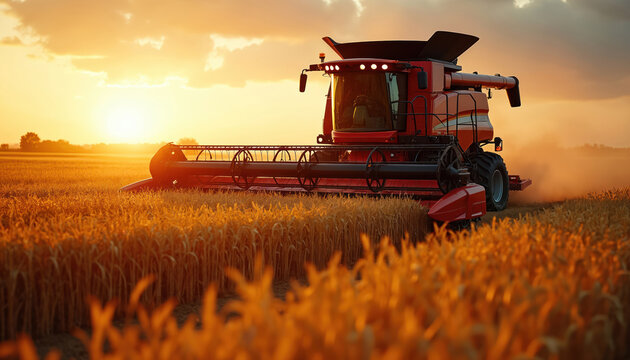 Powerful red combine harvester cuts ripe grain in vast farm field at golden sunset. Modern agricultural machine efficiently gathers abundant wheat crop for global food supply. Dust rises as vehicle