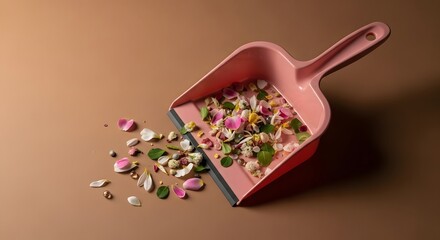 Pink dustpan filled with chopped vegetables and scattered on a brown background