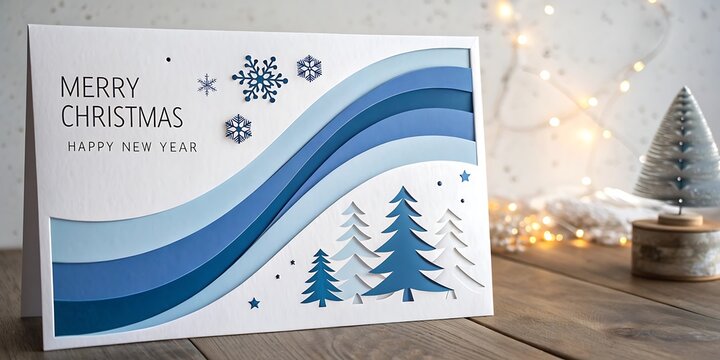 A festive merry christmas card featuring a winter wonderland scene with blue waves and evergreen trees perfect for holiday greetings - Powered by Adobe