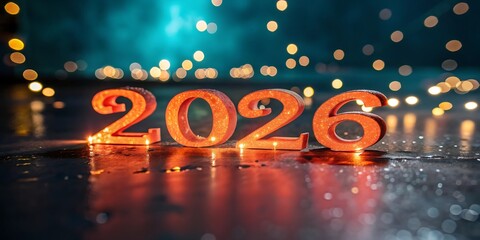 Illuminated 2026 numerals glowing with warm orange light reflected on a wet surface against a bokeh background of city lights