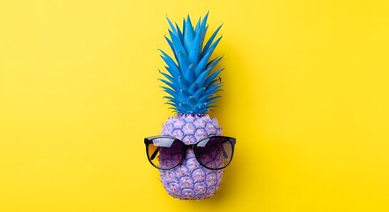 A vibrant purple pineapple wearing sunglasses stands out against a bright yellow background