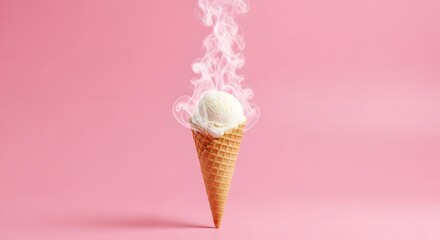 Melting vanilla ice cream cone with wisps of smoke against a vibrant pink background