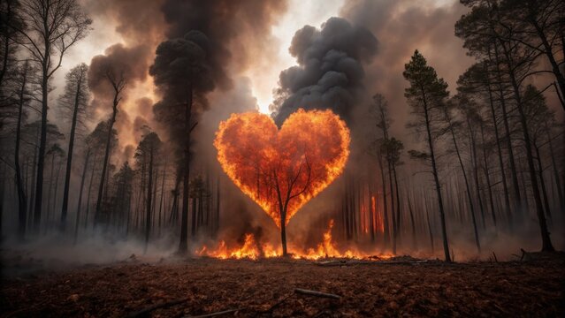 Forest fire and air toxicity concept. A heart-shaped tree amidst a forest fire, symbolizing love and destruction in a dramatic landscape. - Powered by Adobe