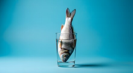 Whole raw fish standing upright in a clear glass of water against a blue background