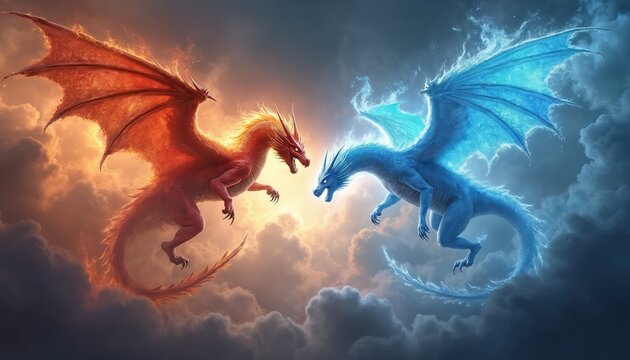 Fiery red dragon faces icy blue dragon. Dragons confront each other above cloudy horizon. Fantasy creatures fight with fire and ice. Beasts clash in dramatic sky art.
