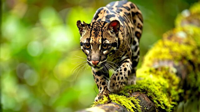 Clouded Leopard Walking on a Mossy Tree Branch in a Lush Green Forest.