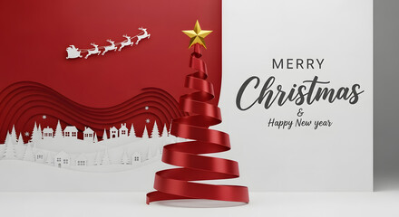 Festive Christmas scene with a ribbon tree, Santa's sleigh flying over a snowy village, and "Merry Christmas & Happy New Year" text on a red and white background.
