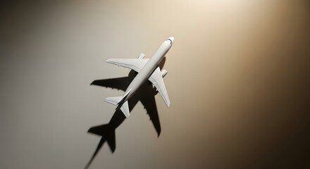 Model airplane suspended in air against a softly lit textured background
