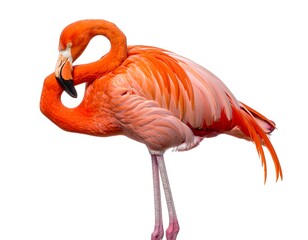 Vivid, vibrant, flamingo in graceful, preening pose, isolated on white background