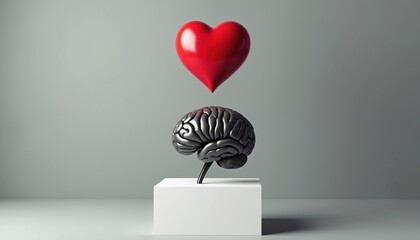 Red heart shape floats above 3D brain model on white pedestal against plain grey background. Symbol of love mind balance or emotional thinking and rational decision.