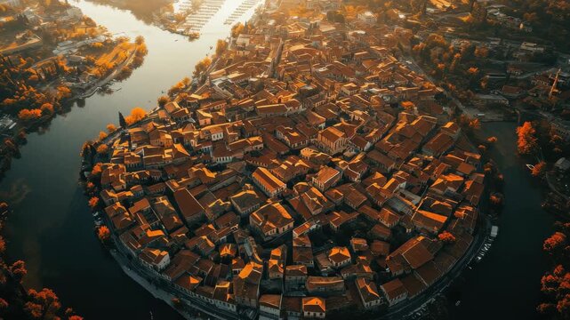 Aerial view of Lamia Greece showcasing beautiful architecture and vibrant autumn colors, Aerial view of the city Lamia in Greece on an early morning in autumn
