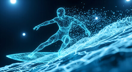 A futuristic digital surfer made of glowing blue particles rides a data wave in a virtual cyberspace environment