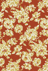 Abstract solid vector textile design, arrangement with dual-tones ornament on rose flowers, all-over seamless pattern with orange and yellow tone color illustration, digital image printing factory