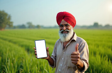 Smiling Indian farmer in red turban holds tablet showing blank screen with thumb up gesture. He stands in green agricultural field, happy with modern tech.