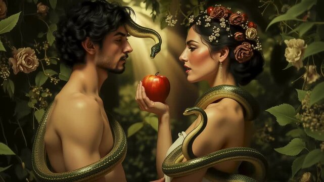 Beautiful Eve, entwined with a serpent, offers Adam an apple in Eden: a divine encounter with temptation in the Garden of Eden, a biblical depiction of the Old Testament.