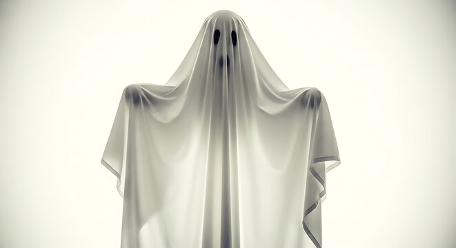 A ghostly figure draped in white fabric with dark eye sockets against a bright background ai generated