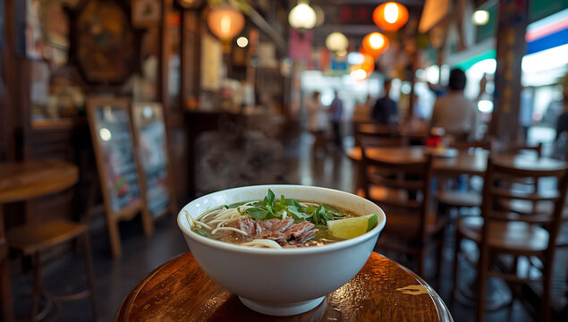 Steaming hot bowl of Vietnamese pho with rare beef slices, traditional Asian noodle soup served fresh in restaurant setting