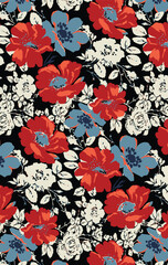 Abstract solid vector textile design, arrangement with dual-color big hibiscus and white flowers, all-over seamless pattern with red and gray tone color illustration, digital image printing factory