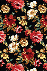 A solid vector textile design, arrangement with a medium multicolor abstract rose flowers, all-over seamless pattern with red and orange tone color illustration, digital image printing factory