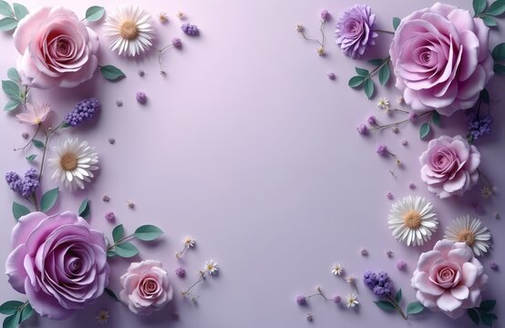 Soft purple roses, white daisies arranged on light lilac background. Delicate floral border suitable for wedding cards, invitations, spring decor themes. Gentle botanical elements create romantic