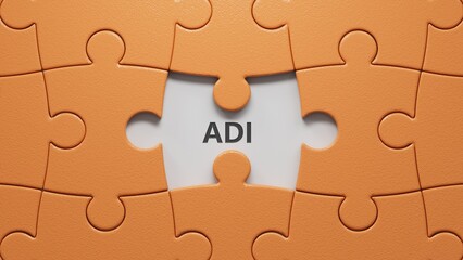 Fototapeta premium Lettering adi on puzzle pieces with missing pieces.close up of puzzle pieces with missing pieces,Business Concept.3D rendering. 