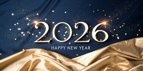 Elegant 2026 happy new year celebration with shimmering golden fabric and sparkling lights against a deep blue backdrop