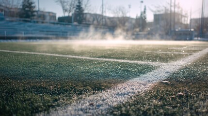 Morning mist rises off a frozen soccer field during winter training session near a city park