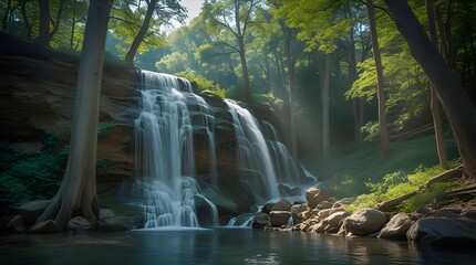 Cascading water surrounded by lush woodland