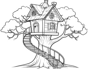 Whimsical black and white illustration of a treehouse with a spiral staircase