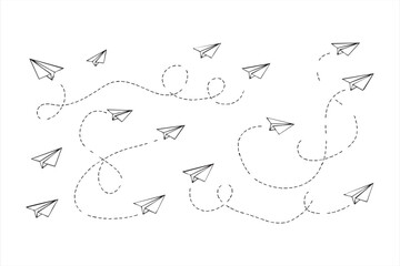 Minimal black and white illustration of paper plane paths