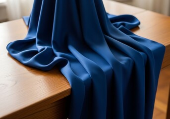 Serene simplicity of dark blue silky fabric draped artistically on wood
