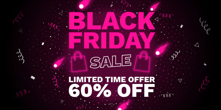 Vibrant Black Friday sale banner with bold pink typography, glowing pink shopping bag icons, and festive confetti elements on a dark gradient background, highlighting a limited-time 60% discount.