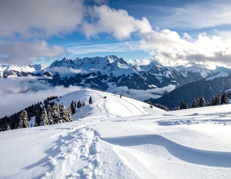 Snowy landscape with mountains, clouds and sunlight