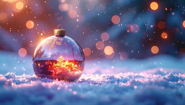 A shimmering glass sphere reflects a snowy landscape with a miniature illuminated Christmas tree, nestled in soft white snow and bokeh