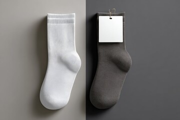 Two pairs of socks, white and grey, displayed on a split-toned backdrop