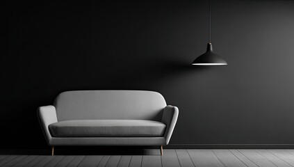 Minimalist living room gray couch, black wall, pendant light, wood floor