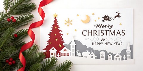 Festive christmas card featuring a red paper cutout tree and village scene with a sprig of evergreen and red ribbon