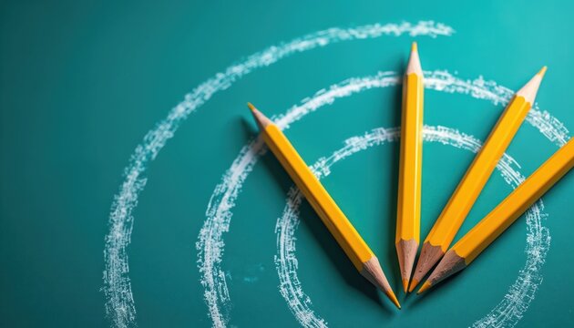 Four yellow pencils lay on teal background with chalk circles. This image represents planning, creativity, and education for projects. Use this visual for school or office concepts.