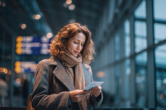 Calm traveler observing holographic boarding pass managed by artificial intelligence agent with digital display interface. Smart travel automation and AI powered travel technology convenience concept.