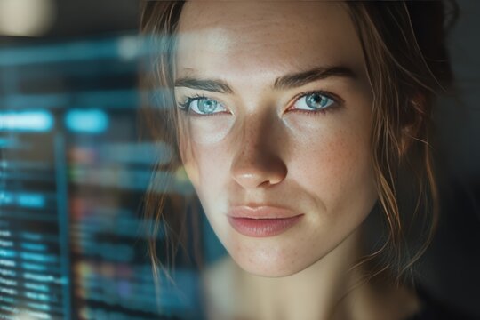 Female executive examining holographic task lists with AI optimization showing empowerment and efficiency. Human AI collaboration and intelligent workplace productivity automation technology.