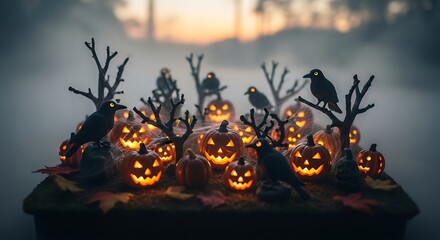 Spooky nocturnal Halloween setup with glowing pumpkins and black ravens