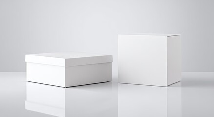 Two blank white boxes, one square, one rectangular, sit on a reflective surface against a light gray background
