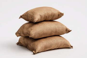 Obraz premium Three stacked burlap bags against a plain white background