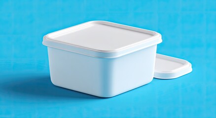 Square, white plastic food container with a matching lid on a teal background