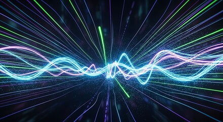 Abstract digital data stream with neon lines on dark background