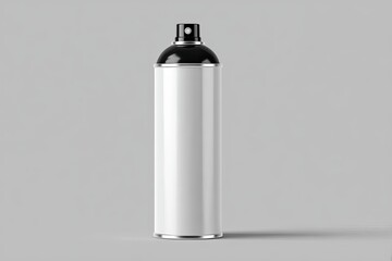 A tall, slender spray can.  White cylinder with black top and nozzle.  Simple, clean design.  Studio shot on gray background