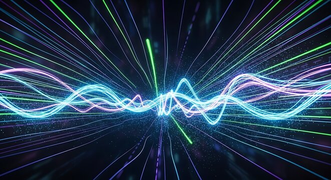 Abstract digital data stream with neon lines on dark background