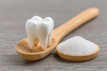 A small white ceramic tooth sits atop a light-brown wooden spoon, next to a small wooden bowl filled with granulated sugar